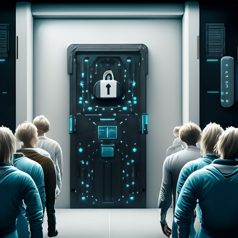 A futurisitc locked door with people waiting to get in-min